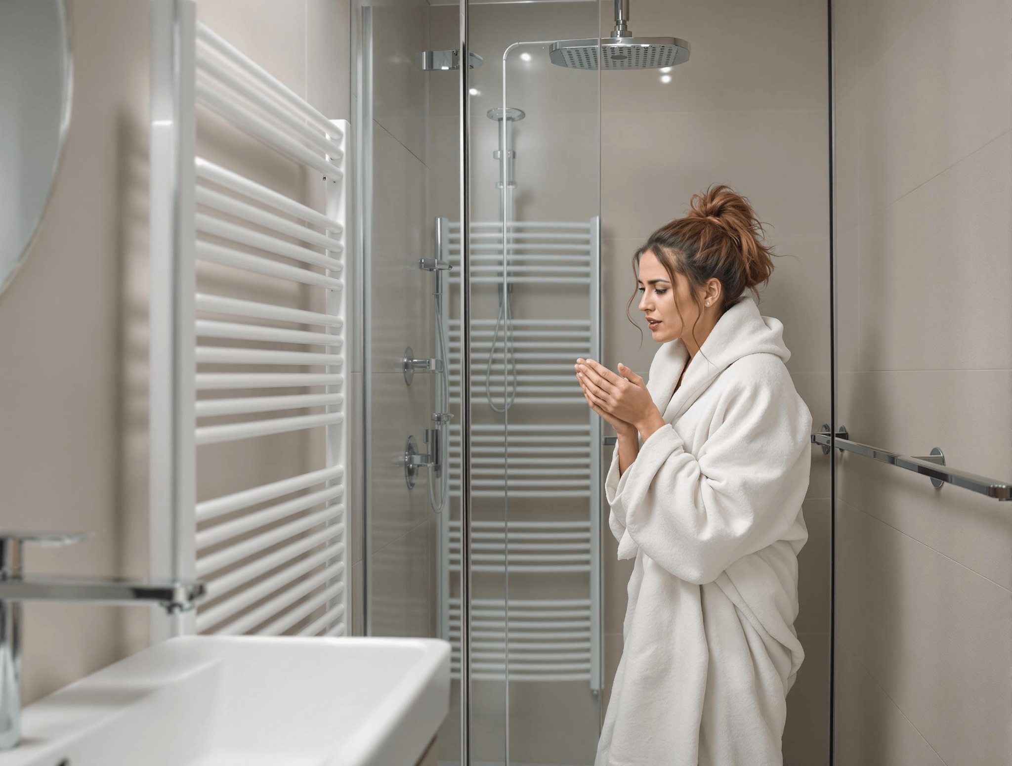 The image depicts a modern bathroom setting designed with attention to craftsmanship and detail. Prominently featured is a stylish shower area enclosed by transparent glass panels, which adds a sense of openness and sophistication. The walls are clad in smooth, light-colored tiles, creating a clean and contemporary aesthetic. To the left, a white heated towel rail is installed, showcasing functional craftsmanship; it's designed for both practicality and style, providing warmth to towels. This rail is complemented by sleek chrome fittings, emphasizing the blend of materials used in the space. A modern, minimalist sink is visible, crafted from a composite material with a wide basin, equipped with a contemporary faucet that features a clean, geometric design. The faucet’s reflective chrome finish enhances the modern appeal of the bathroom. In the foreground, a woman stands wearing a fluffy white robe, indicating a relaxed and cozy environment. Her actions suggest she is warming her hands or contemplating, which adds a human element to the scene. The natural lighting suggests a serene atmosphere, enhancing the room's overall feel.Overall, the craftsmanship in the image reflects a commitment to clean lines, functional design, and a harmonious blend of materials, illustrating a well-thought-out bathroom space.
