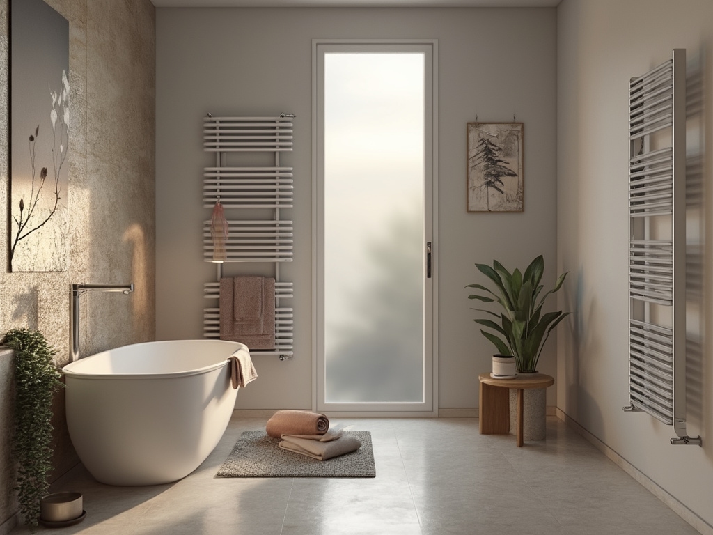 You create images for websites of craftsmen. You create images based on the analysis of content, expertise in craftsmanship, customer service, and marketing. Create an image that matches the following user prompt: Create a photorealistic image of a completed Heizkörpertausch in a modern vertical bathroom. The scene features a sleek, contemporary radiator installed on the wall, showcasing a stylish design that complements the bathroom's aesthetic. The walls are painted in a soft, neutral color, and there are tasteful decorative elements like towels, a small plant, and elegant fixtures. Natural light streams in through a frosted window, illuminating the space and highlighting the clean lines and functionality of the new heating system. The overall atmosphere conveys comfort, warmth, and a sense of modern luxury.