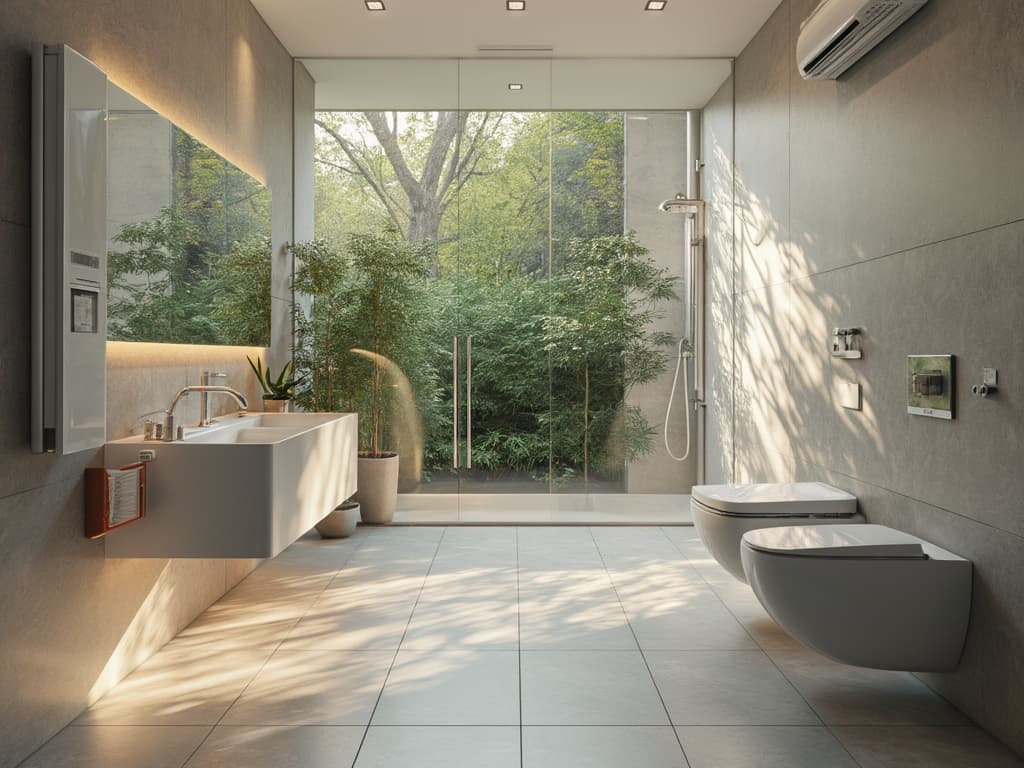 Create a high-resolution, photorealistic image showcasing the latest technological advancements in the heating and sanitary industry. The scene features a modern, spacious bathroom equipped with cutting-edge heating systems, sleek smart thermostats, and innovative sanitary fixtures such as touchless faucets and intelligent toilets. Incorporate elements like digital control panels, energy-efficient radiators, and eco-friendly materials to highlight sustainability and efficiency. Emphasize a clean, contemporary aesthetic with natural lighting and seamless integrations of technology into the design. Use detailed textures and consistent lighting to ensure a crisp and harmonious composition. Avoid blurry details, visual artifacts, extra or distorted elements, and inconsistent perspectives to maintain visual clarity and precision.